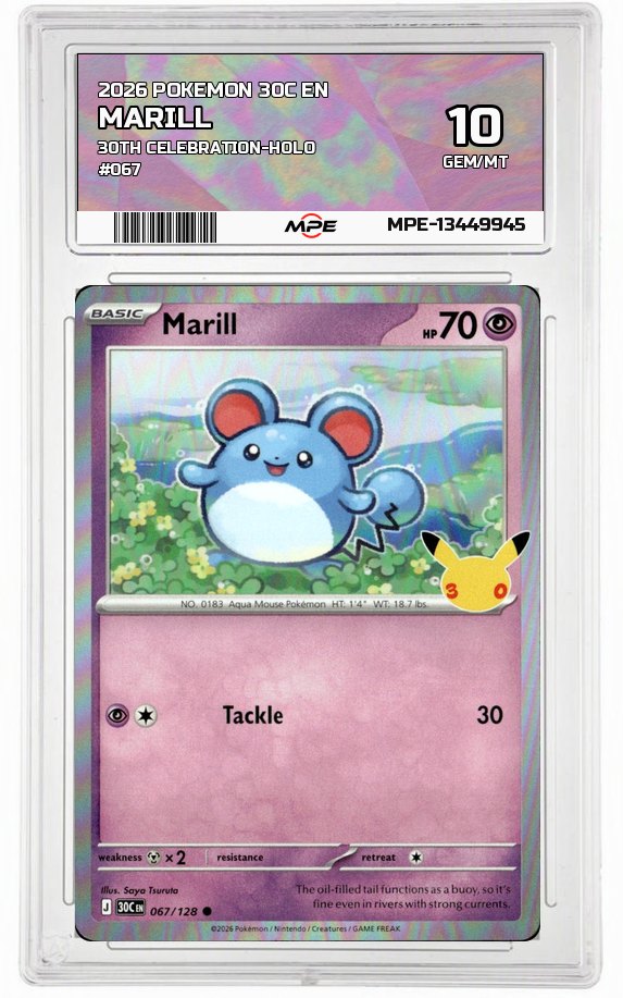 2026 POKEMON 30C EN 30th Celebration-HOLO #067 MARILL MPE 10 GEM/MT — graded card auctioned from the MPE vault