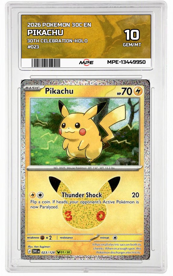 2026 POKEMON 30C EN 30th Celebration-HOLO #023 PIKACHU MPE 10 GEM/MT — graded card auctioned from the MPE vault