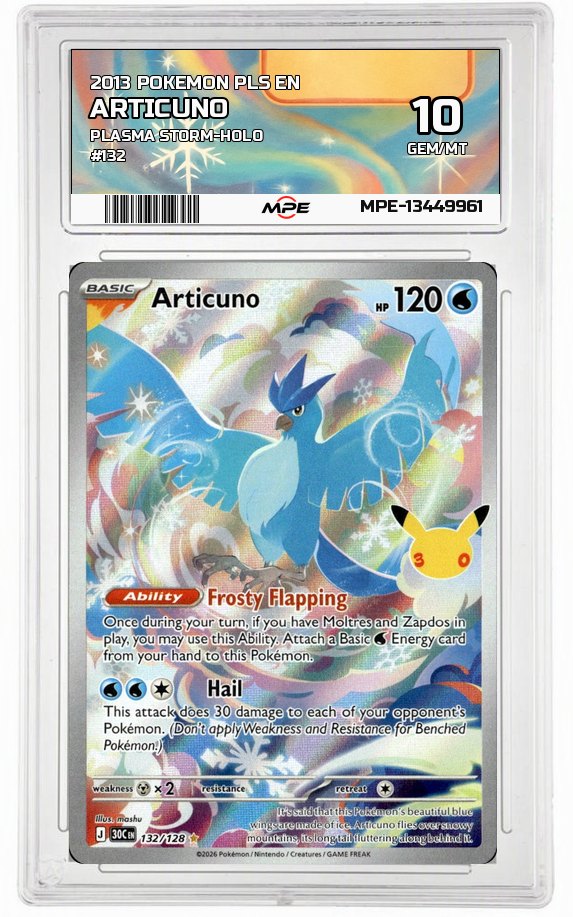 2013 POKEMON PLS EN Plasma Storm-HOLO #132 ARTICUNO MPE 10 GEM/MT — graded card auctioned from the MPE vault