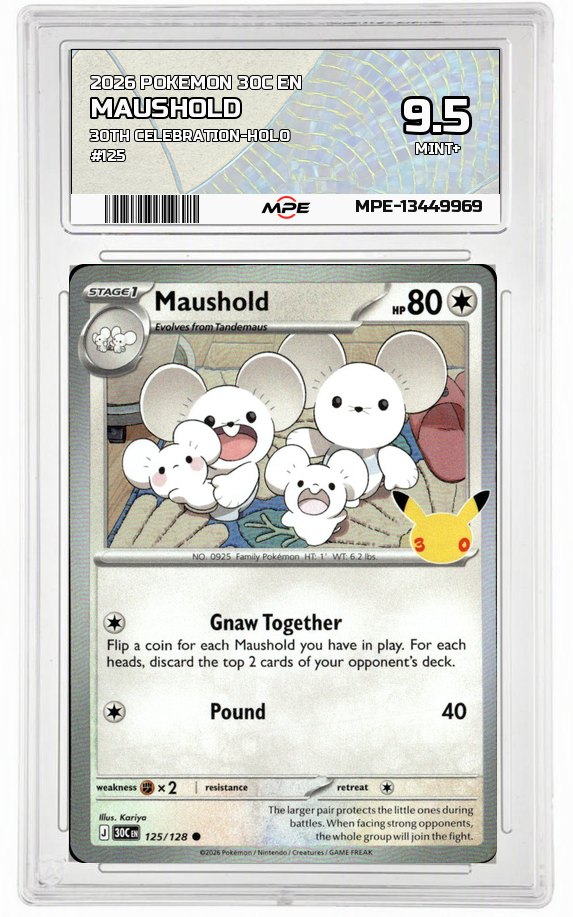 2026 POKEMON 30C EN 30th Celebration-HOLO #125 MAUSHOLD MPE 9.5 MINT+ — graded card auctioned from the MPE vault