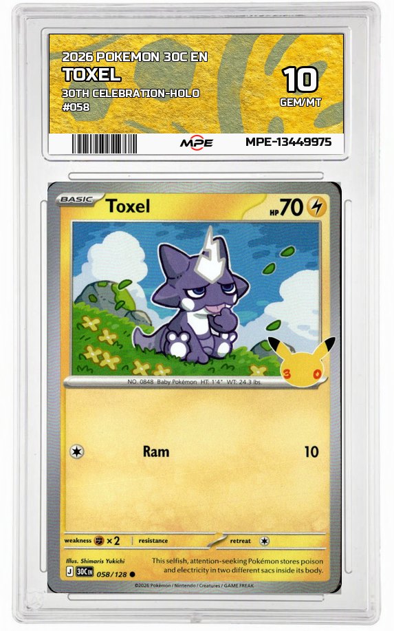 2026 POKEMON 30C EN 30th Celebration-HOLO #058 TOXEL MPE 10 GEM/MT — graded card auctioned from the MPE vault