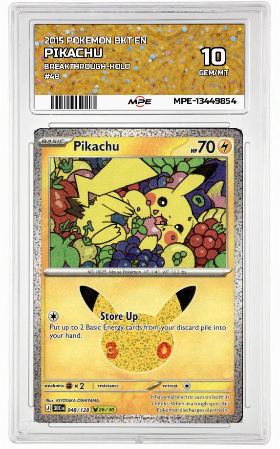 2015 POKEMON BKT EN BREAKthrough-HOLO #48 PIKACHU MPE 10 GEM/MT — graded card auctioned from the MPE vault