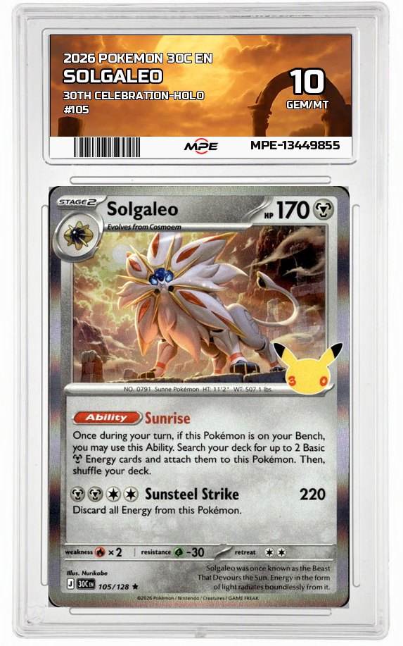 2026 POKEMON 30C EN 30th Celebration-HOLO #105 SOLGALEO MPE 10 GEM/MT — graded card auctioned from the MPE vault