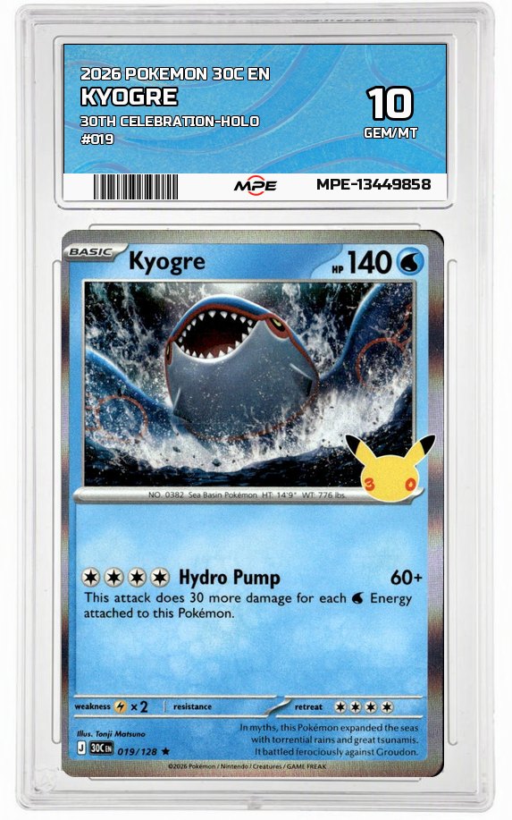 2026 POKEMON 30C EN 30th Celebration-HOLO #019 KYOGRE MPE 10 GEM/MT — graded card auctioned from the MPE vault