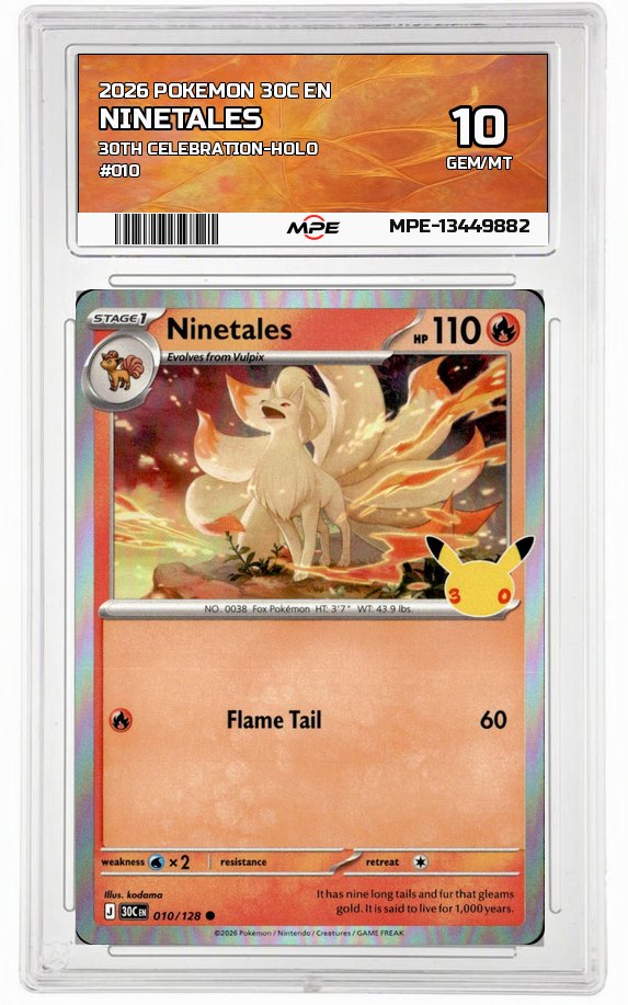 2026 POKEMON 30C EN 30th Celebration-HOLO #010 NINETALES MPE 10 GEM/MT — graded card auctioned from the MPE vault