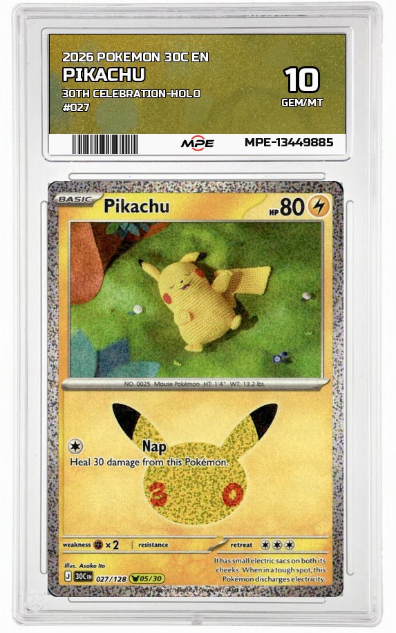 2026 POKEMON 30C EN 30th Celebration-HOLO #027 PIKACHU MPE 10 GEM/MT — graded card auctioned from the MPE vault