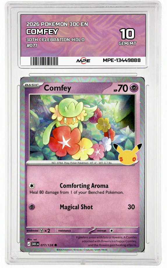2026 POKEMON 30C EN 30th Celebration-HOLO #077 COMFEY MPE 10 GEM/MT — graded card auctioned from the MPE vault