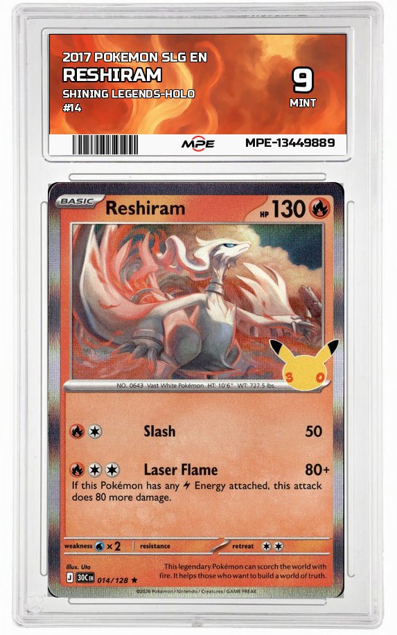 2017 POKEMON SLG EN Shining Legends-HOLO #14 RESHIRAM MPE 9 MINT — graded card auctioned from the MPE vault