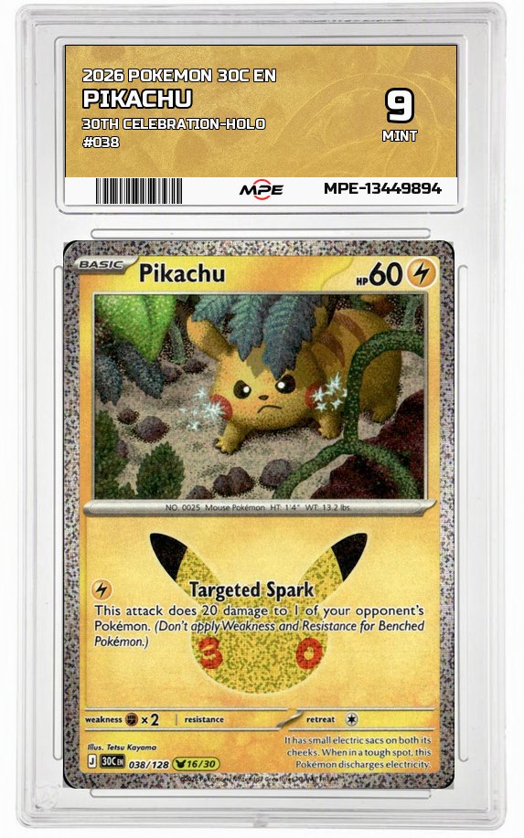 2026 POKEMON 30C EN 30th Celebration-HOLO #038 PIKACHU MPE 9 MINT — graded card auctioned from the MPE vault