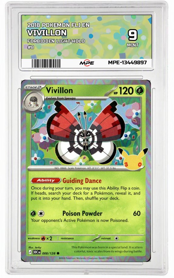 2018 POKEMON FLI EN Forbidden Light-HOLO #8 VIVILLON MPE 9 MINT — graded card auctioned from the MPE vault