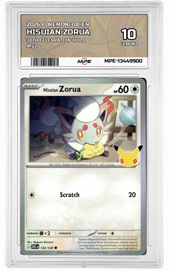 2026 POKEMON 30C EN 30th Celebration-HOLO #122 HISUIAN ZORUA MPE 10 GEM/MT — graded card auctioned from the MPE vault
