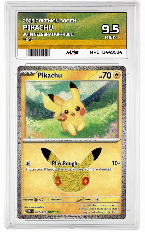 2026 POKEMON 30C EN 30th Celebration-HOLO #047 PIKACHU MPE 9.5 MINT+ — graded card auctioned from the MPE vault