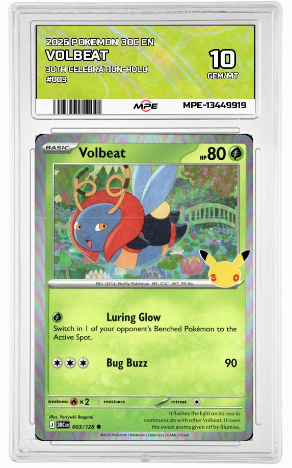 2026 POKEMON 30C EN 30th Celebration-HOLO #003 VOLBEAT MPE 10 GEM/MT — graded card auctioned from the MPE vault