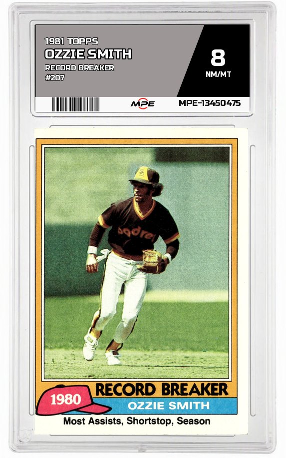 1981 TOPPS RECORD BREAKER #207 OZZIE SMITH MPE 8 NM/MT — graded card auctioned from the MPE vault