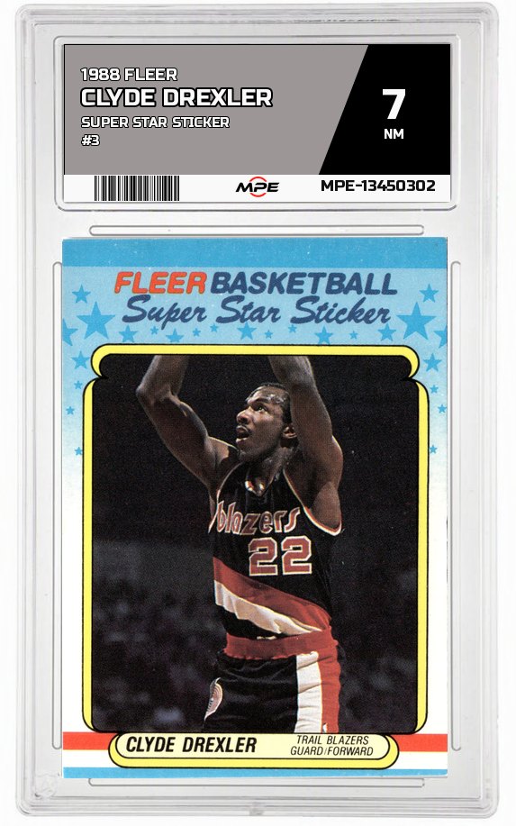 1988 FLEER SUPER STAR STICKER #3 CLYDE DREXLER MPE 7 NM — graded card auctioned from the MPE vault