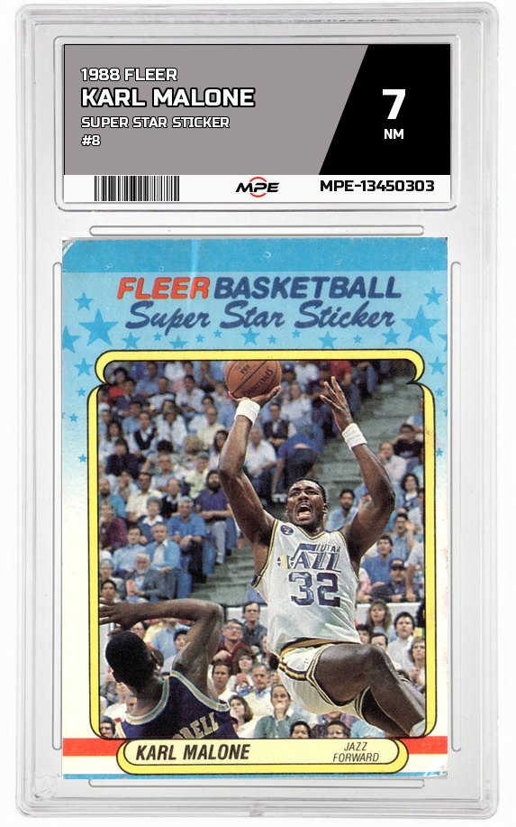 1988 FLEER SUPER STAR STICKER #8 KARL MALONE MPE 7 NM — graded card auctioned from the MPE vault