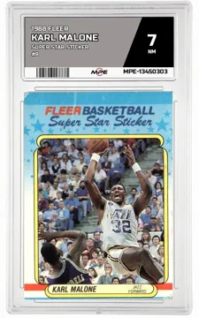 1988 FLEER SUPER STAR STICKER #8 KARL MALONE MPE 7 NM — graded card up for auction