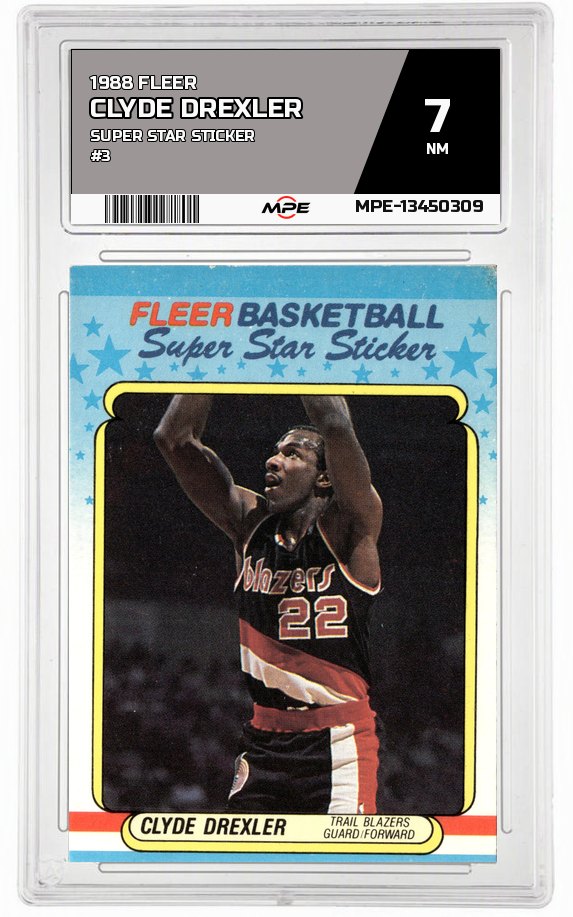 1988 FLEER SUPER STAR STICKER #3 CLYDE DREXLER MPE 7 NM — graded card auctioned from the MPE vault