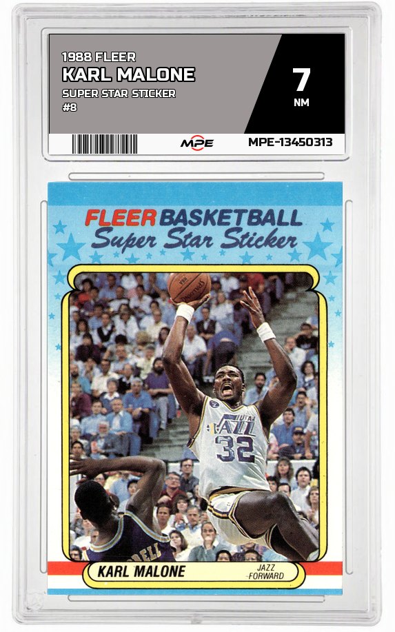 1988 FLEER SUPER STAR STICKER #8 KARL MALONE MPE 7 NM — graded card auctioned from the MPE vault