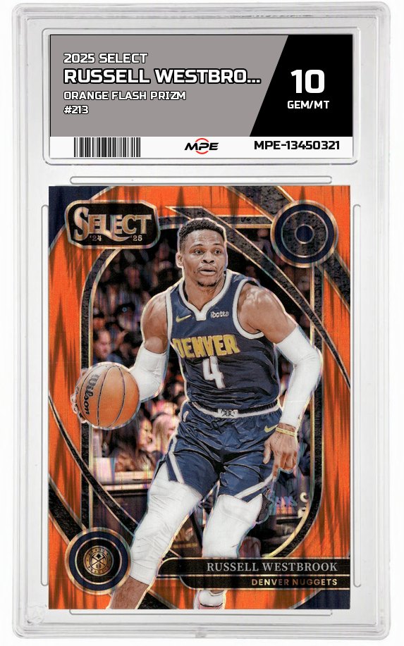 2025 SELECT ORANGE FLASH PRIZM #213 RUSSELL WESTBROOK MPE 10 GEM/MT — graded card auctioned from the MPE vault