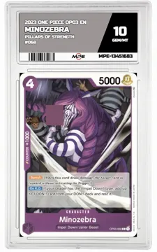 2023 ONE PIECE OP03 EN Pillars of Strength #068 MINOZEBRA MPE 10 GEM/MT — graded card up for auction