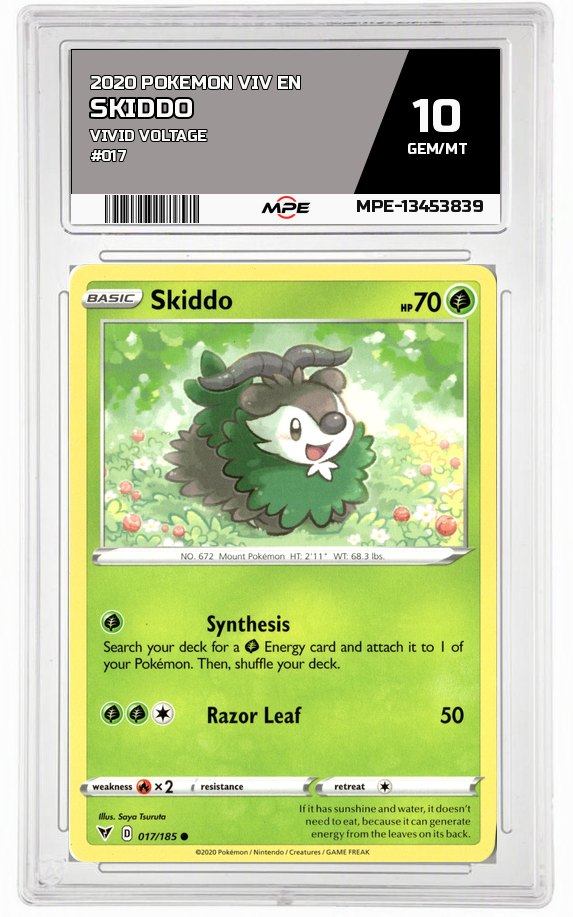 2020 POKEMON VIV EN Vivid Voltage #017 SKIDDO MPE 10 GEM/MT — graded card auctioned from the MPE vault