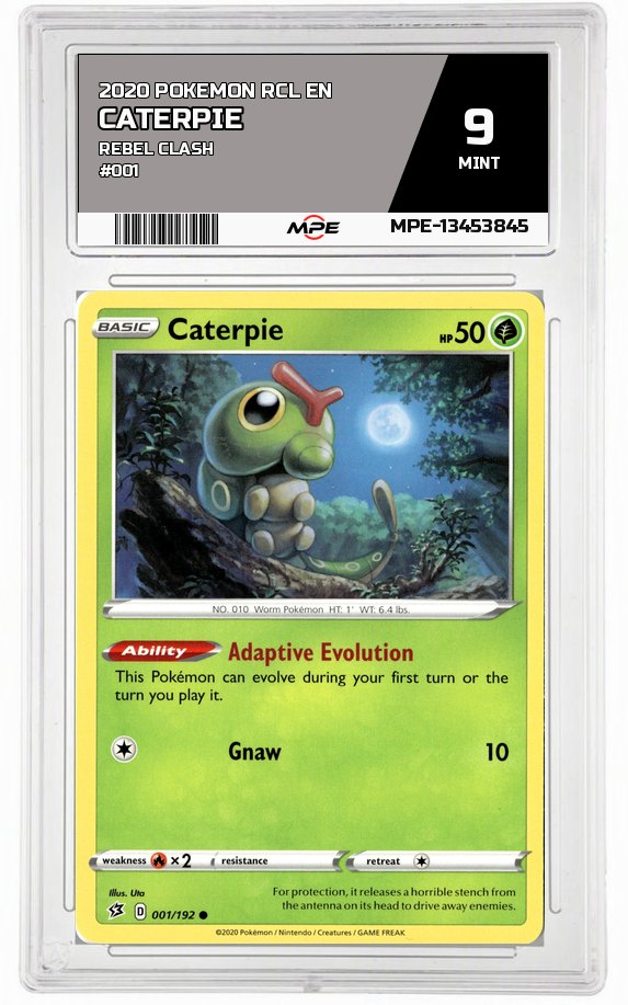 2020 POKEMON RCL EN Rebel Clash #001 Caterpie MPE 9 MINT — graded card auctioned from the MPE vault
