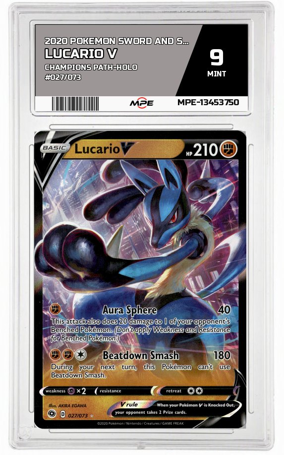 2020 POKEMON SWORD AND SHIELD CHAMPIONS PATH-HOLO #027/073 Lucario V MPE 9 MINT — graded card auctioned from the MPE vault