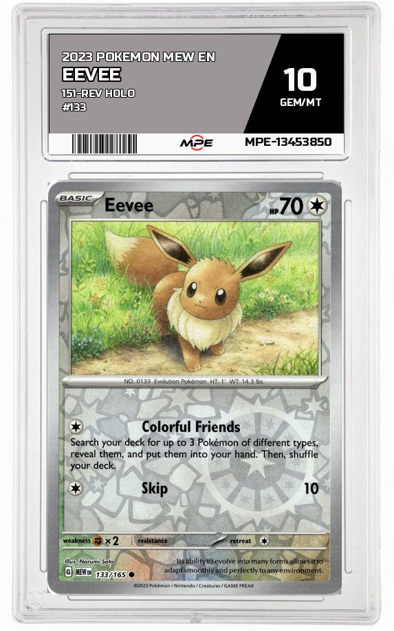 2023 POKEMON MEW EN 151-REV HOLO #133 Eevee MPE 10 GEM/MT — graded card auctioned from the MPE vault