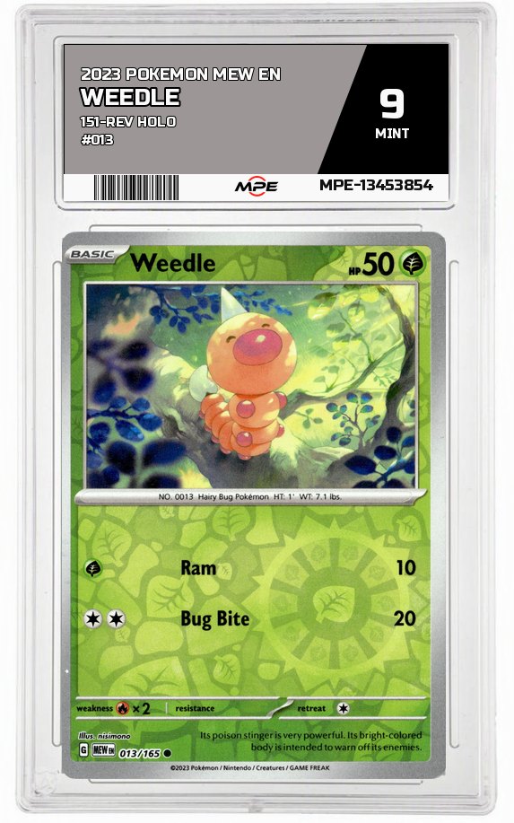 2023 POKEMON MEW EN 151-REV HOLO #013 Weedle MPE 9 MINT — graded card auctioned from the MPE vault