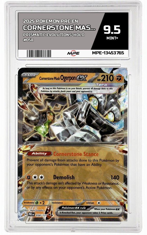 2025 POKEMON PRE EN Prismatic Evolutions-HOLO #058 Cornerstone Mask Ogerpon EX MPE 9.5 MINT+ — graded card auctioned from the MPE vault