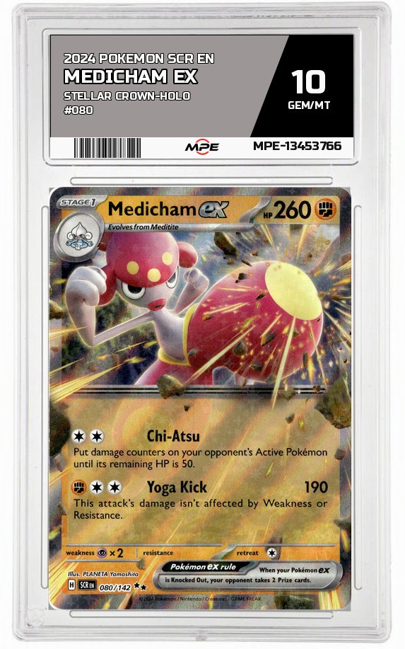 2024 POKEMON SCR EN Stellar Crown-HOLO #080 Medicham EX MPE 10 GEM/MT — graded card auctioned from the MPE vault