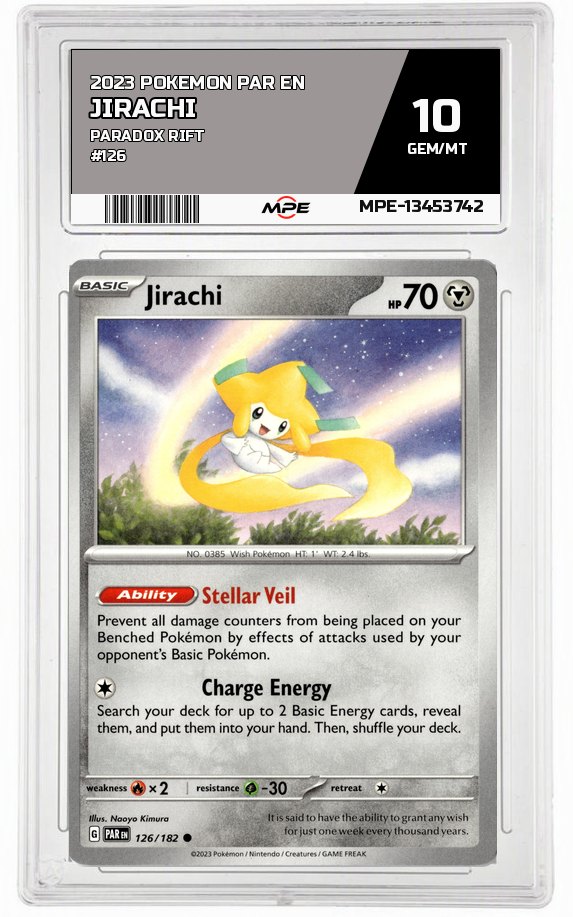 2023 POKEMON PAR EN Paradox Rift #126 JIRACHI MPE 10 GEM/MT — graded card auctioned from the MPE vault