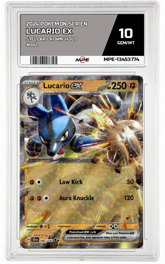 2024 POKEMON SCR EN Stellar Crown-HOLO #082 Lucario EX MPE 10 GEM/MT — graded card auctioned from the MPE vault