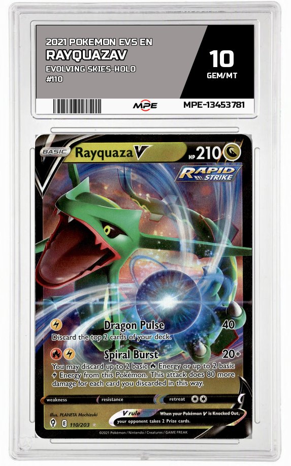 2021 POKEMON EVS EN Evolving Skies-HOLO #110 RayquazaV MPE 10 GEM/MT — graded card auctioned from the MPE vault