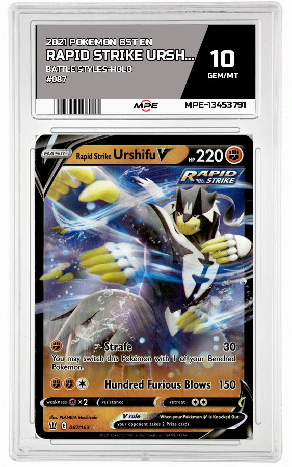 2021 POKEMON BST EN Battle Styles-HOLO #087 Rapid Strike Urshifu V MPE 10 GEM/MT — graded card auctioned from the MPE vault