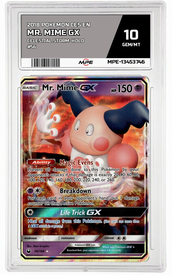 2018 POKEMON CES EN Celestial Storm-HOLO #56 Mr. Mime GX MPE 10 GEM/MT — graded card auctioned from the MPE vault