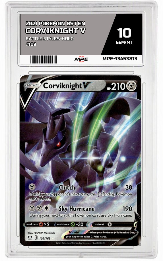 2021 POKEMON BST EN Battle Styles-HOLO #109 Corviknight V MPE 10 GEM/MT — graded card auctioned from the MPE vault