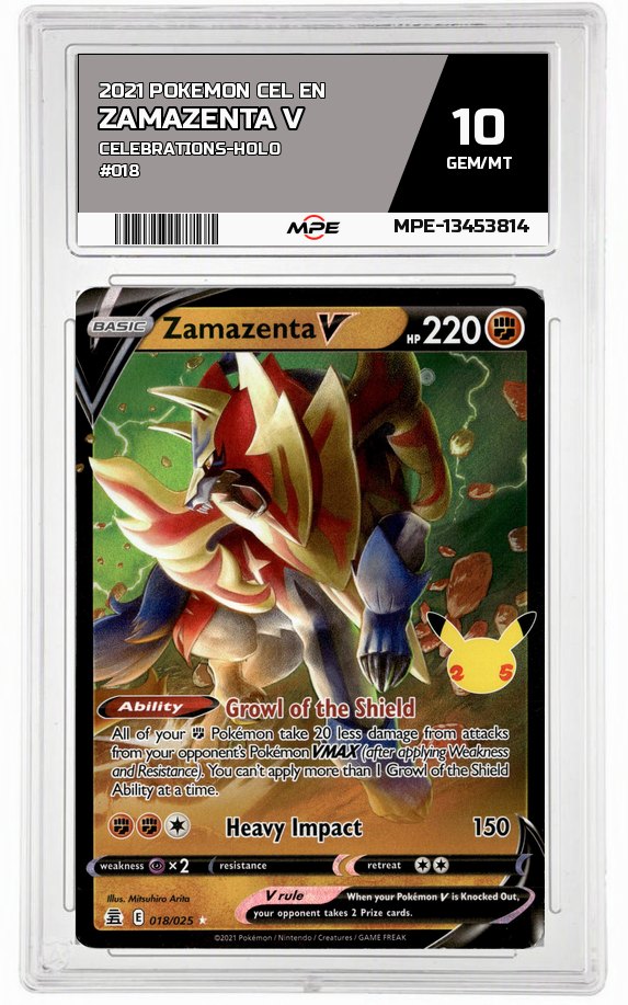 2021 POKEMON CEL EN Celebrations-HOLO #018 Zamazenta V MPE 10 GEM/MT — graded card auctioned from the MPE vault