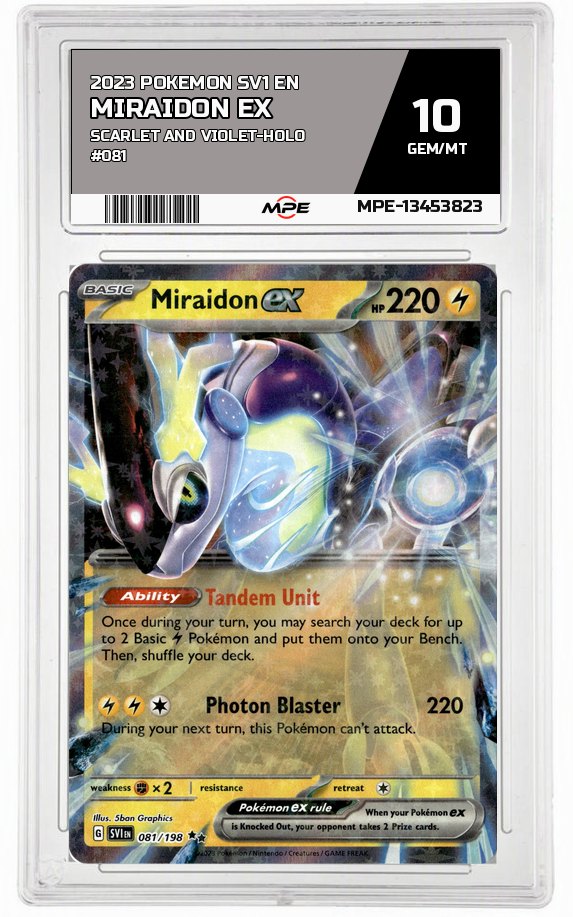 2023 POKEMON SV1 EN Scarlet and Violet-HOLO #081 MIRAIDON EX MPE 10 GEM/MT — graded card auctioned from the MPE vault
