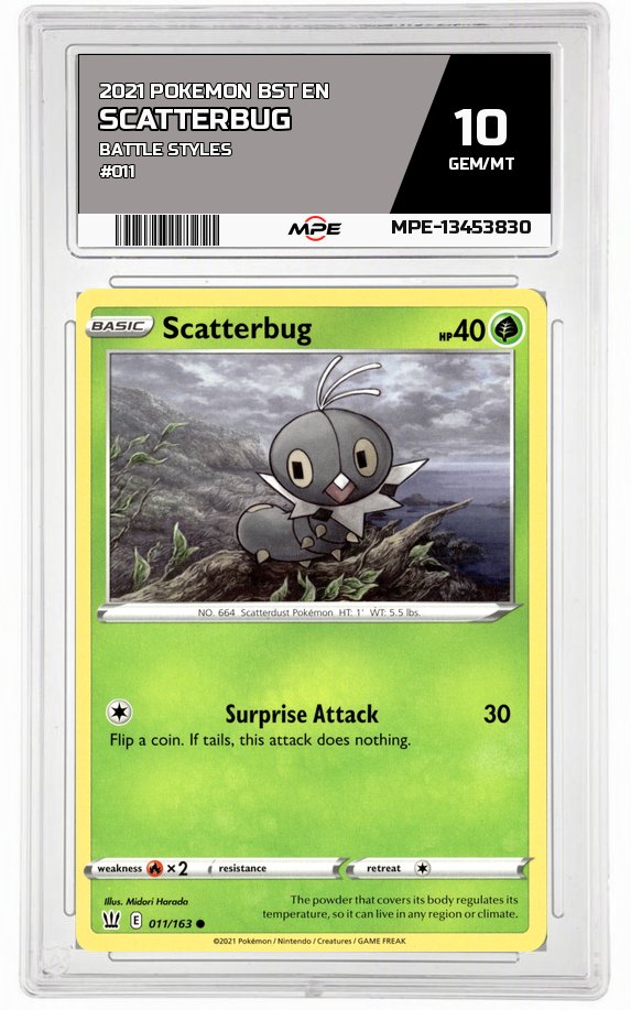 2021 POKEMON BST EN Battle Styles #011 Scatterbug MPE 10 GEM/MT — graded card auctioned from the MPE vault