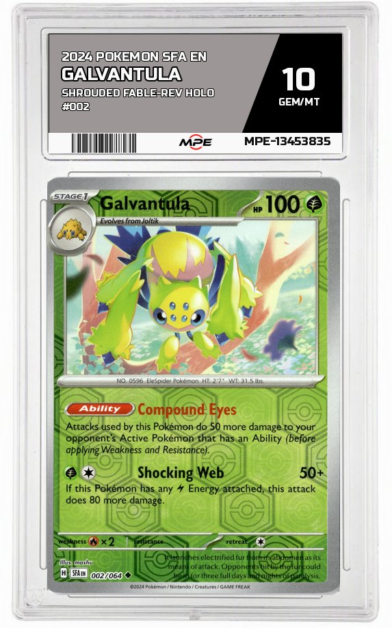 2024 POKEMON SFA EN Shrouded Fable-REV HOLO #002 Galvantula MPE 10 GEM/MT — graded card auctioned from the MPE vault