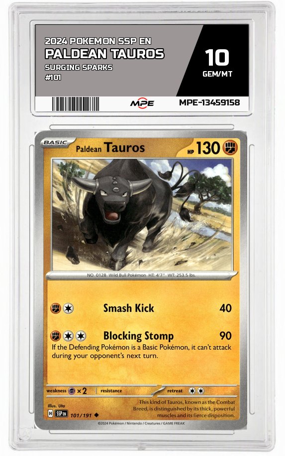 2024 POKEMON SSP EN SURGING SPARKS #101 PALDEAN TAUROS MPE 10 GEM/MT — graded card auctioned from the MPE vault
