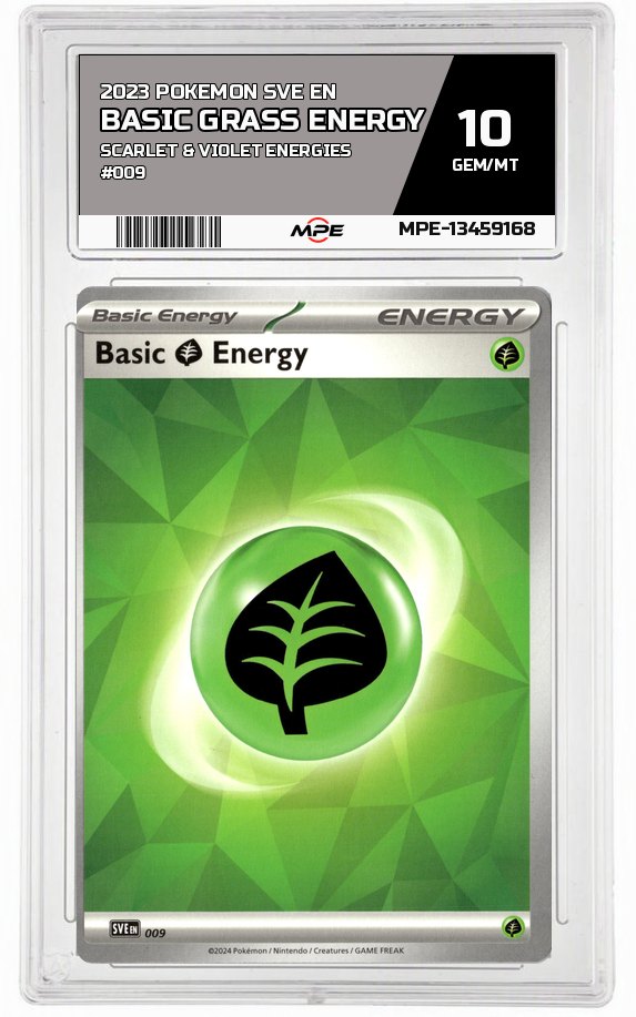2023 POKEMON SVE EN SCARLET & VIOLET ENERGIES #009 BASIC GRASS ENERGY MPE 10 GEM/MT — graded card auctioned from the MPE vault