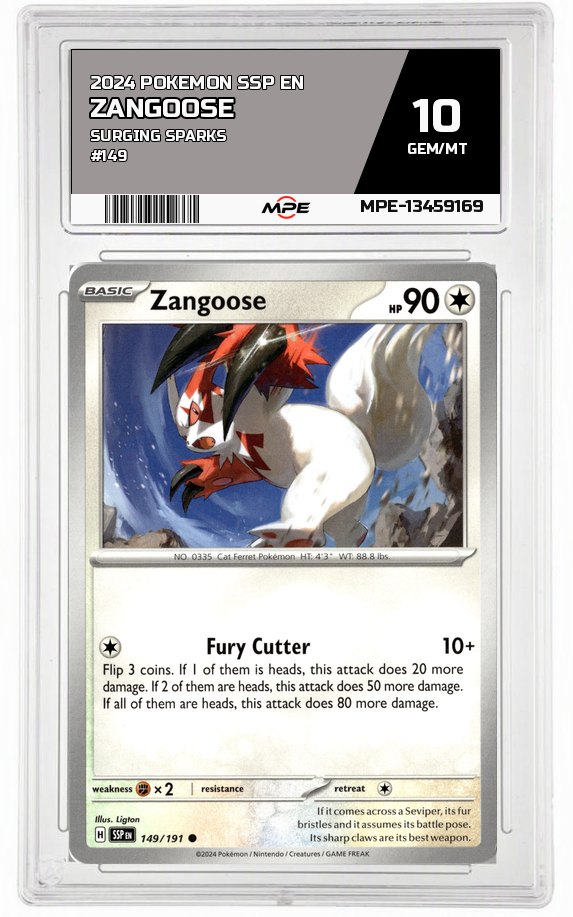 2024 POKEMON SSP EN SURGING SPARKS #149 ZANGOOSE MPE 10 GEM/MT — graded card auctioned from the MPE vault