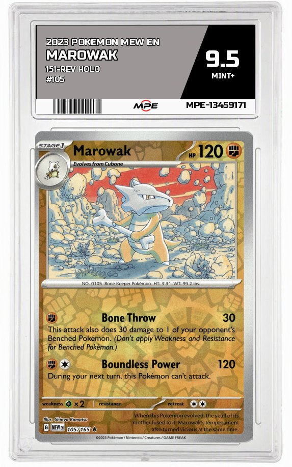 2023 POKEMON MEW EN 151-REV HOLO #105 MAROWAK MPE 9.5 MINT+ — graded card auctioned from the MPE vault