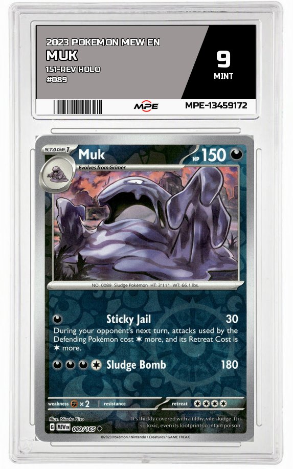 2023 POKEMON MEW EN 151-REV HOLO #089 MUK MPE 9 MINT — graded card auctioned from the MPE vault