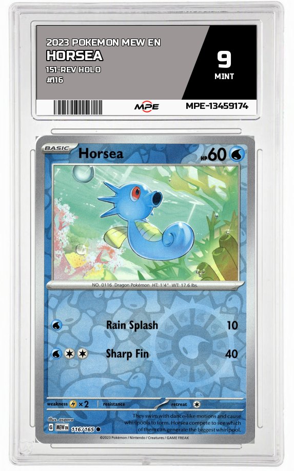 2023 POKEMON MEW EN 151-REV HOLO #116 HORSEA MPE 9 MINT — graded card auctioned from the MPE vault