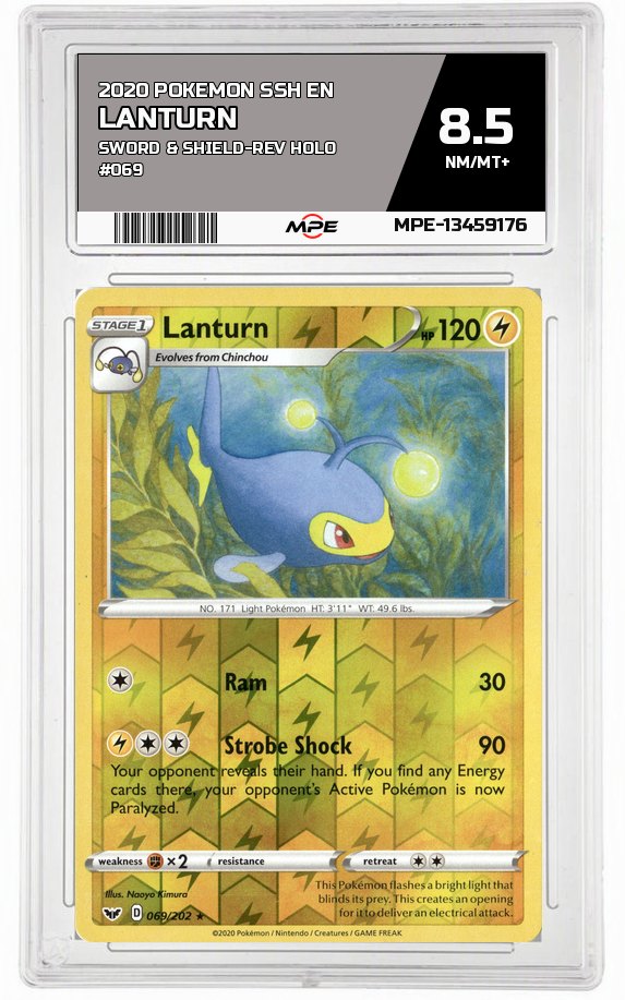 2020 POKEMON SSH EN SWORD & SHIELD-REV HOLO #069 LANTURN MPE 8.5 NM/MT+ — graded card auctioned from the MPE vault
