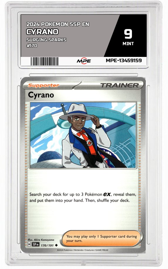 2024 POKEMON SSP EN SURGING SPARKS #170 CYRANO MPE 9 MINT — graded card auctioned from the MPE vault